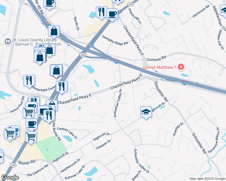 map of restaurants, bars, coffee shops, grocery stores, and more near Chesterfield Pkwy E in Chesterfield