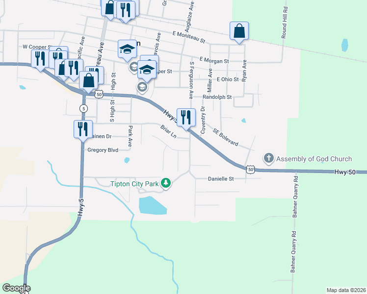 map of restaurants, bars, coffee shops, grocery stores, and more near 117-123 Briar Ln in Tipton
