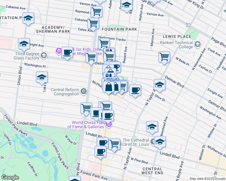 map of restaurants, bars, coffee shops, grocery stores, and more near in St. Louis