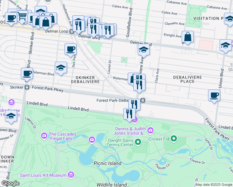 map of restaurants, bars, coffee shops, grocery stores, and more near 5760 De Giverville Avenue in St. Louis
