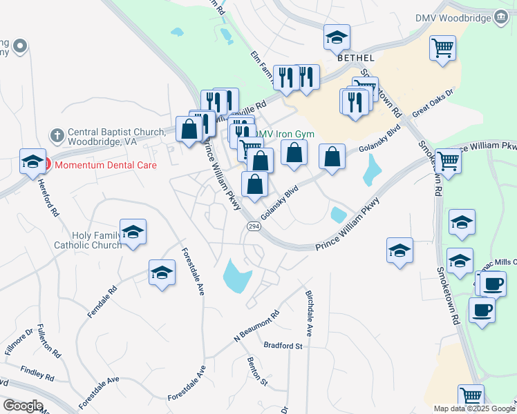 map of restaurants, bars, coffee shops, grocery stores, and more near 14130 Noblewood Plaza in Woodbridge