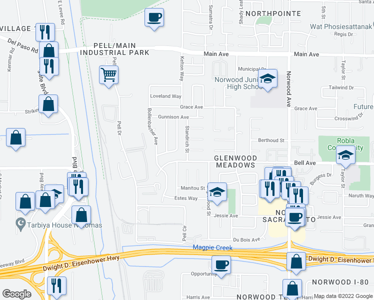 map of restaurants, bars, coffee shops, grocery stores, and more near Standrich St & Keely Ct in Sacramento