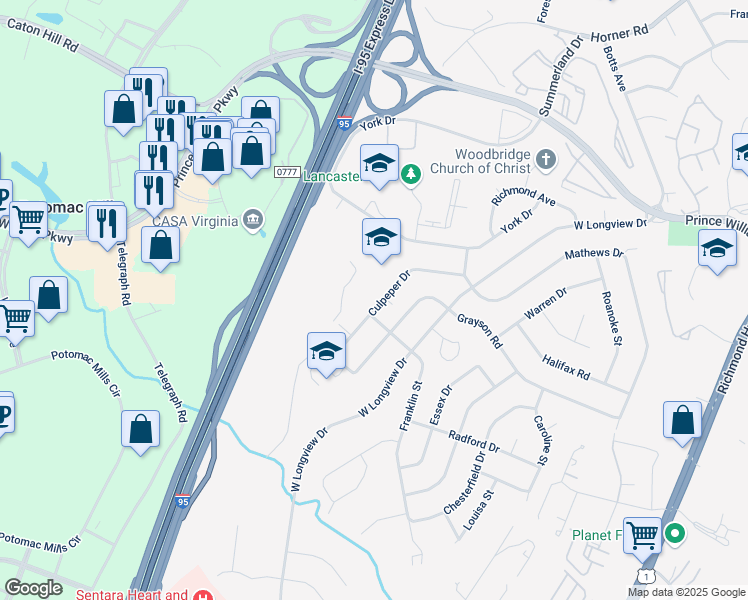 map of restaurants, bars, coffee shops, grocery stores, and more near 2136 Culpeper Drive in Woodbridge