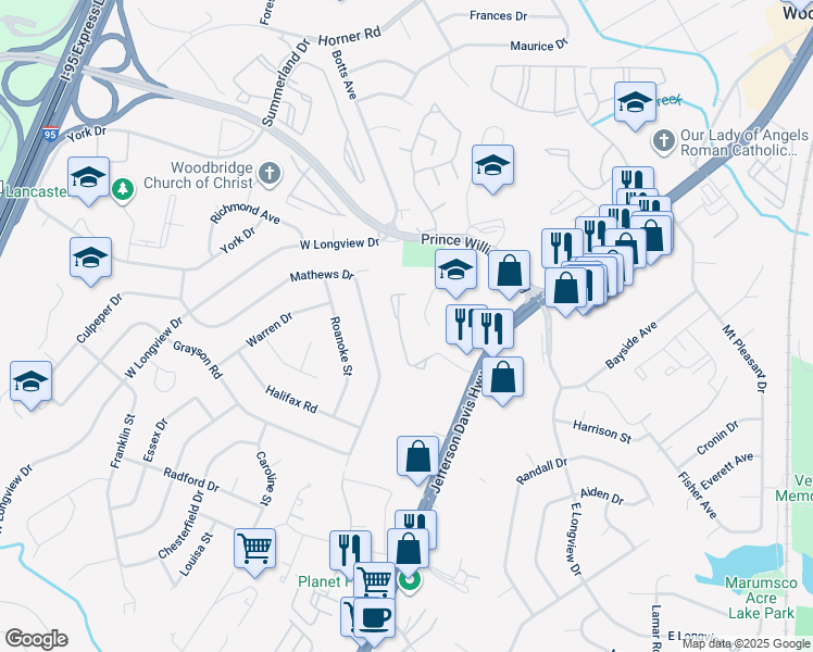 map of restaurants, bars, coffee shops, grocery stores, and more near 1804 Wigglesworth Way in Woodbridge