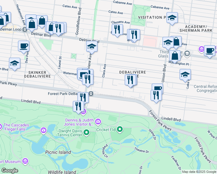 map of restaurants, bars, coffee shops, grocery stores, and more near 5604R Waterman Boulevard in St. Louis