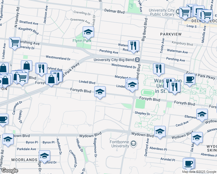 map of restaurants, bars, coffee shops, grocery stores, and more near 7117 Lindell Boulevard in University City
