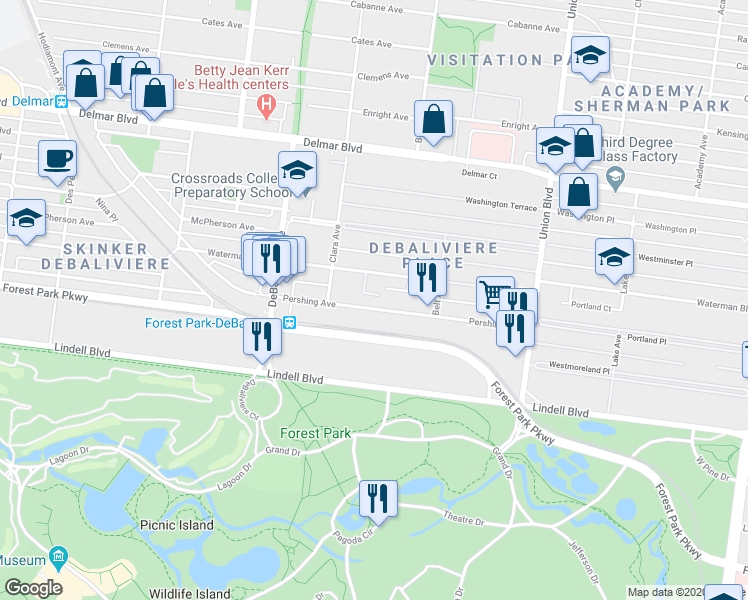 map of restaurants, bars, coffee shops, grocery stores, and more near 5560 Waterman Boulevard in St. Louis