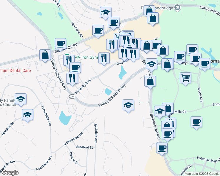 map of restaurants, bars, coffee shops, grocery stores, and more near 3301 Noble Pond Way in Woodbridge