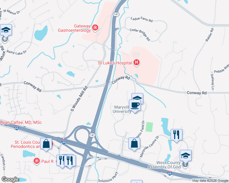 map of restaurants, bars, coffee shops, grocery stores, and more near 13664 Conway Road in St. Louis