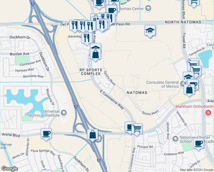 map of restaurants, bars, coffee shops, grocery stores, and more near 4200 East Commerce Way in Sacramento