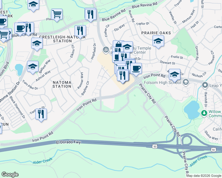 map of restaurants, bars, coffee shops, grocery stores, and more near 525 Willard Drive in Folsom
