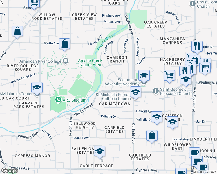 map of restaurants, bars, coffee shops, grocery stores, and more near 5233 Winding Way in Carmichael