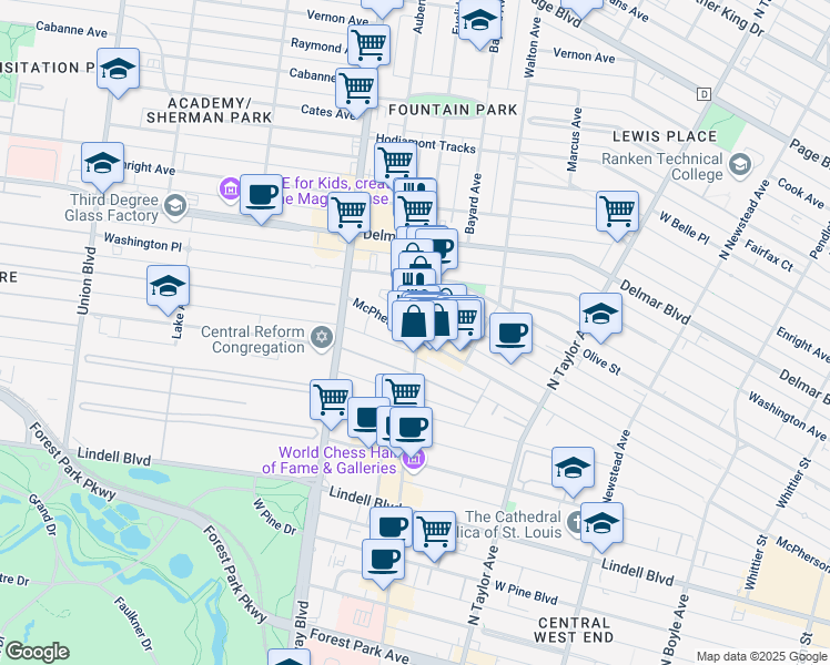 map of restaurants, bars, coffee shops, grocery stores, and more near in St. Louis