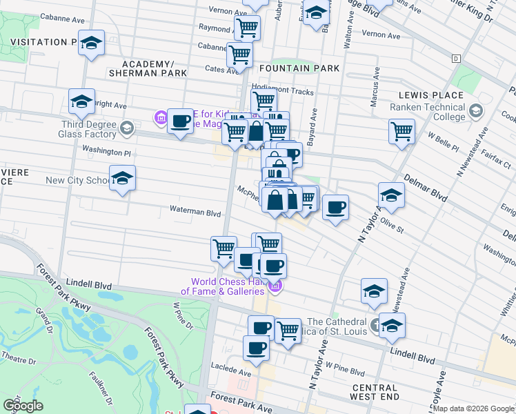 map of restaurants, bars, coffee shops, grocery stores, and more near 4946 McPherson Avenue in St. Louis