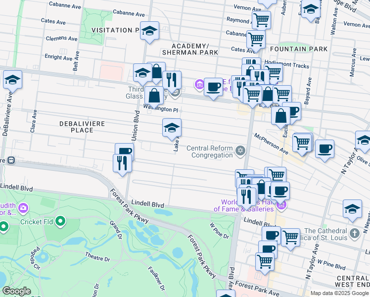 map of restaurants, bars, coffee shops, grocery stores, and more near 456 Lake Avenue in St. Louis