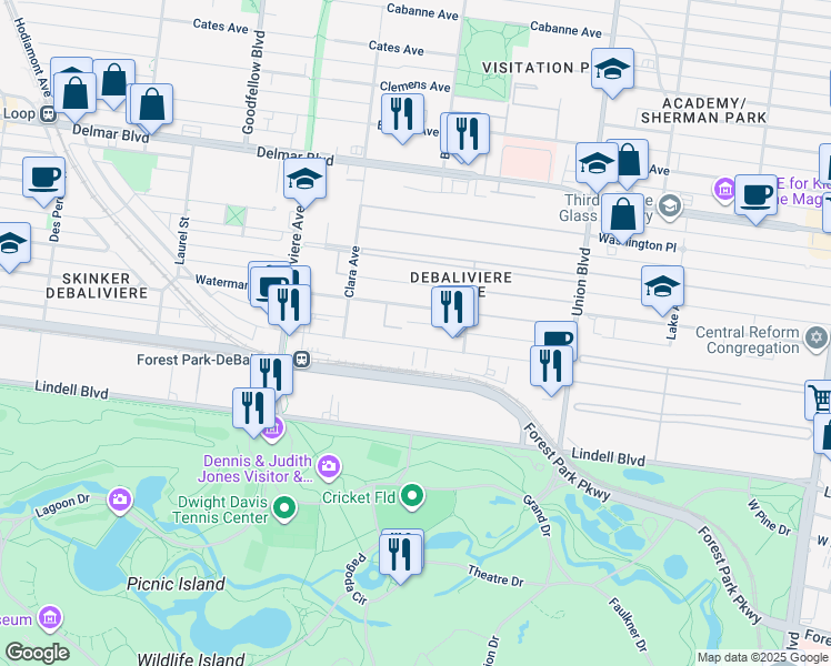 map of restaurants, bars, coffee shops, grocery stores, and more near 5560 Waterman Boulevard in St. Louis