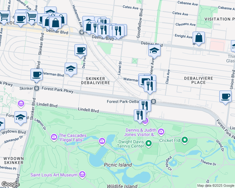 map of restaurants, bars, coffee shops, grocery stores, and more near 312 Laurel Street in St. Louis