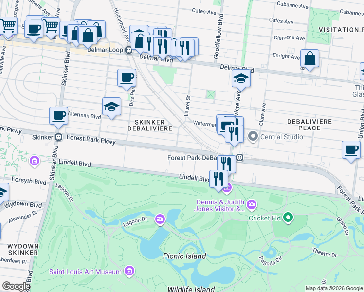 map of restaurants, bars, coffee shops, grocery stores, and more near 312 Laurel Street in St. Louis