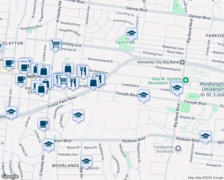 map of restaurants, bars, coffee shops, grocery stores, and more near 7312 Lindell Boulevard in University City