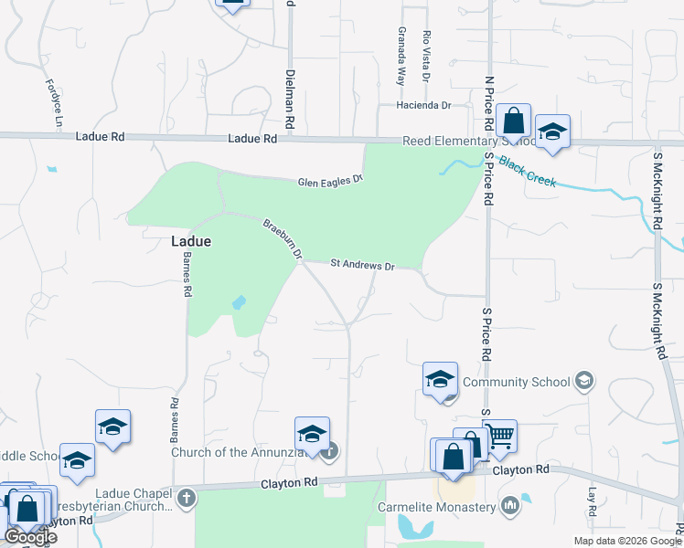 map of restaurants, bars, coffee shops, grocery stores, and more near 19 Saint Andrews Drive in St. Louis
