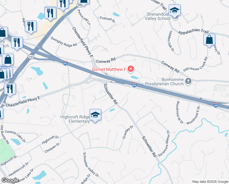 map of restaurants, bars, coffee shops, grocery stores, and more near 1330 Schoettler Road in Chesterfield