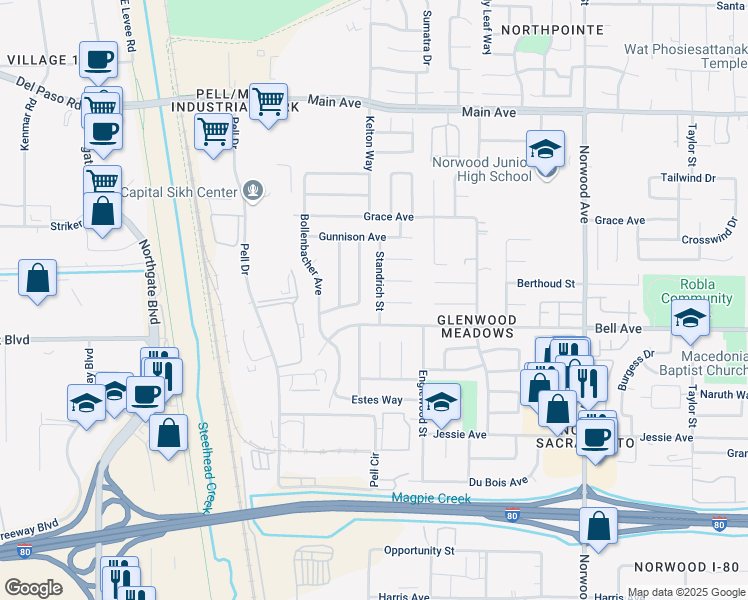 map of restaurants, bars, coffee shops, grocery stores, and more near 4441 Standrich Street in Sacramento
