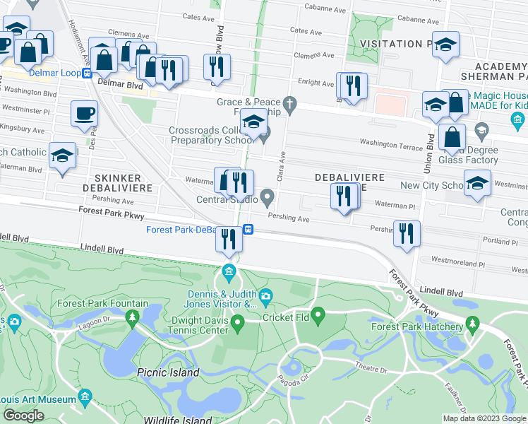 map of restaurants, bars, coffee shops, grocery stores, and more near 5615 Pershing Avenue in St. Louis