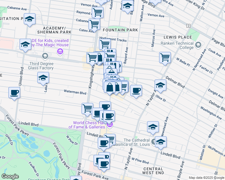 map of restaurants, bars, coffee shops, grocery stores, and more near in St. Louis