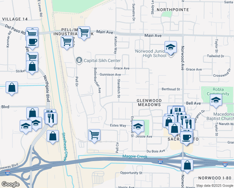 map of restaurants, bars, coffee shops, grocery stores, and more near 4441 Standrich Street in Sacramento