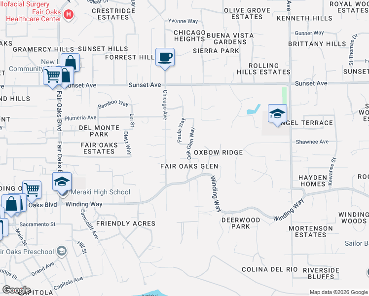 map of restaurants, bars, coffee shops, grocery stores, and more near 4615 Paula Way in Fair Oaks