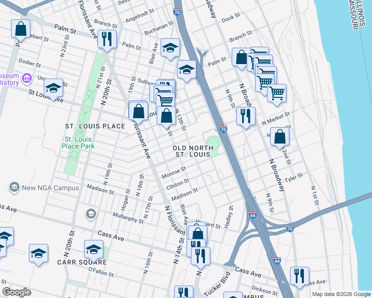 map of restaurants, bars, coffee shops, grocery stores, and more near 2413 North 13th Street in St. Louis