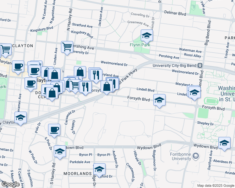 map of restaurants, bars, coffee shops, grocery stores, and more near 7351 Lindell Boulevard in University City