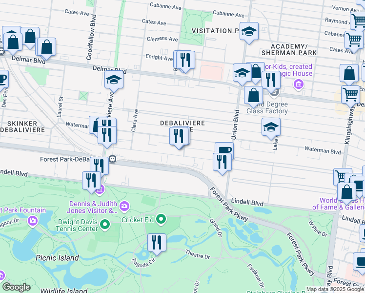 map of restaurants, bars, coffee shops, grocery stores, and more near 5518 Waterman Boulevard in St. Louis