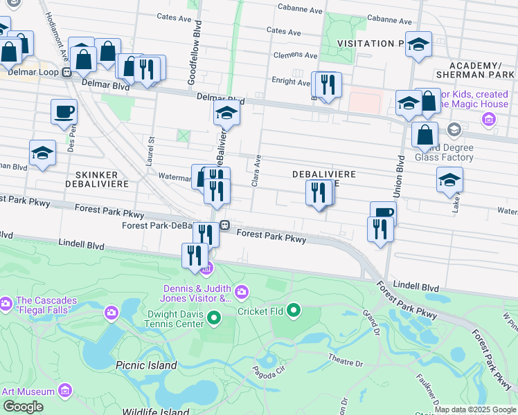 map of restaurants, bars, coffee shops, grocery stores, and more near 5604 Waterman Boulevard in St. Louis