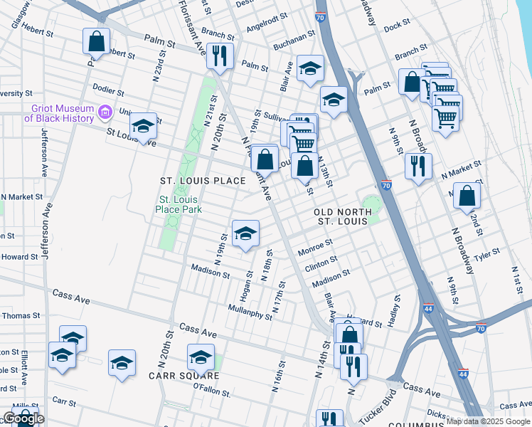map of restaurants, bars, coffee shops, grocery stores, and more near 1503 Warren Street in St. Louis