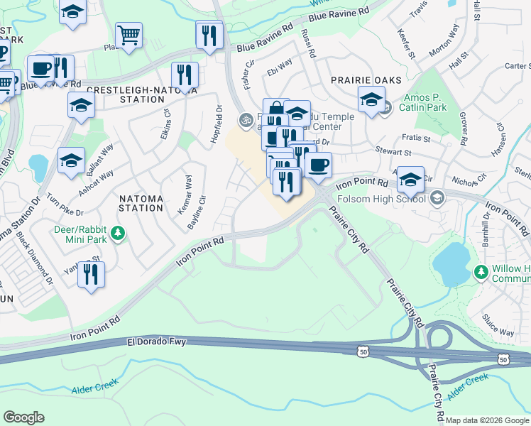 map of restaurants, bars, coffee shops, grocery stores, and more near 525 Willard Drive in Folsom