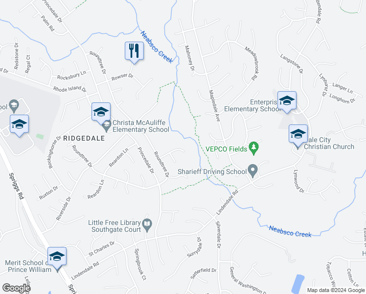 map of restaurants, bars, coffee shops, grocery stores, and more near 5482 Rector Drive in Woodbridge