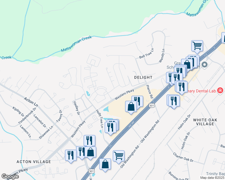 map of restaurants, bars, coffee shops, grocery stores, and more near Halton Woods Drive in Waldorf