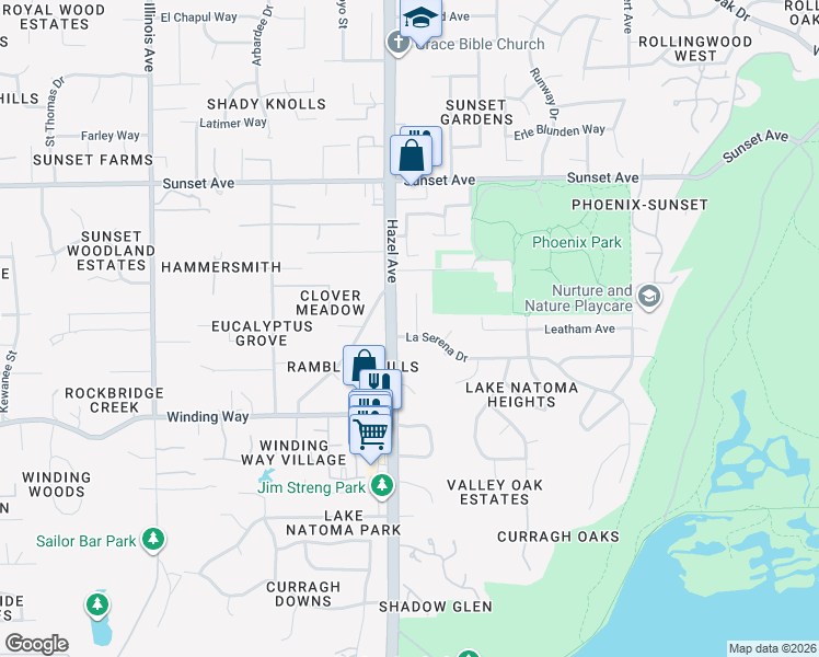 map of restaurants, bars, coffee shops, grocery stores, and more near 8909 La Serena Drive in Fair Oaks