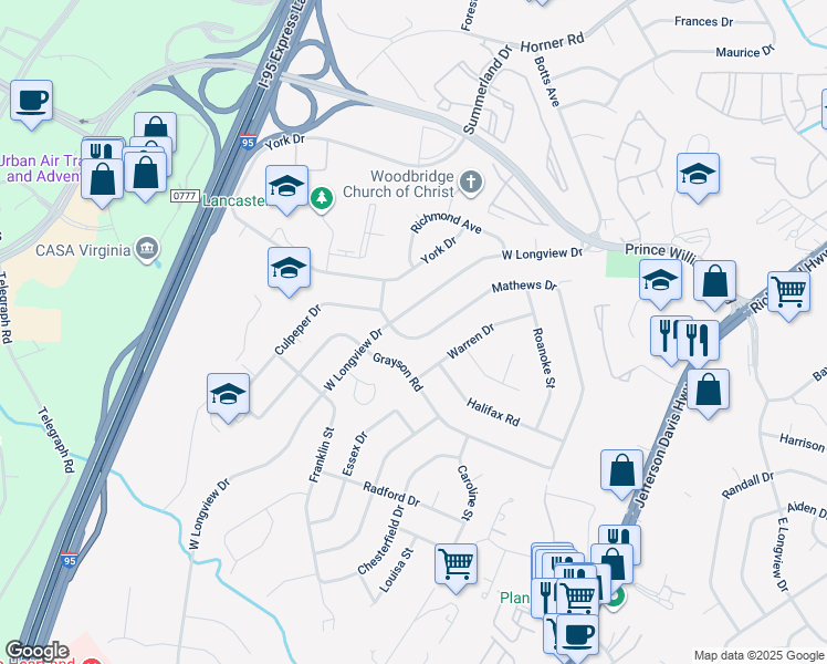 map of restaurants, bars, coffee shops, grocery stores, and more near 13907 Mathews Drive in Woodbridge