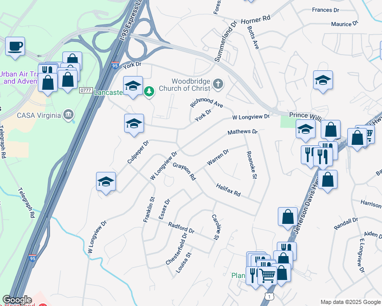 map of restaurants, bars, coffee shops, grocery stores, and more near 13907 Mathews Drive in Woodbridge