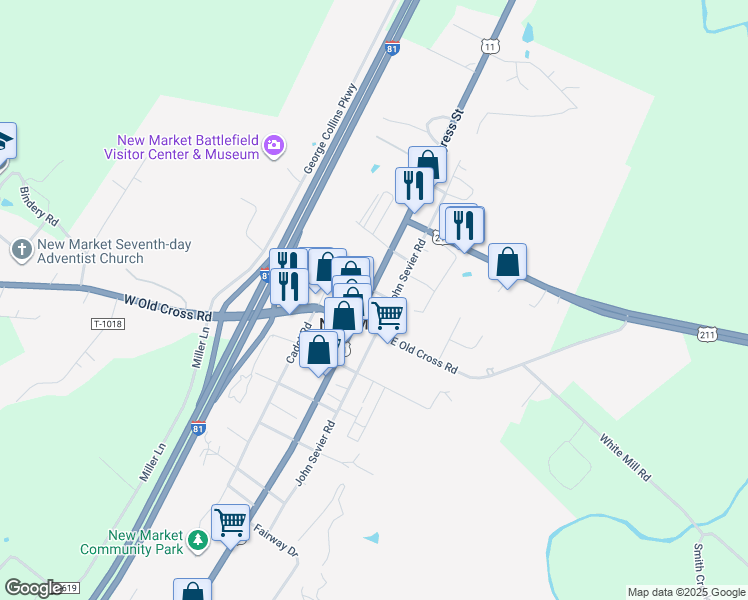 map of restaurants, bars, coffee shops, grocery stores, and more near 9330 North Congress Street in New Market
