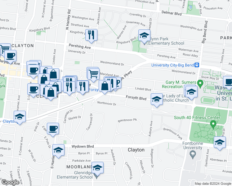 map of restaurants, bars, coffee shops, grocery stores, and more near 7351 Lindell Boulevard in University City