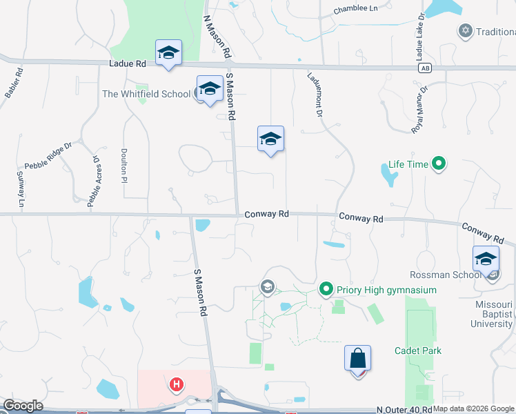 map of restaurants, bars, coffee shops, grocery stores, and more near 12947 Conway Road in St. Louis