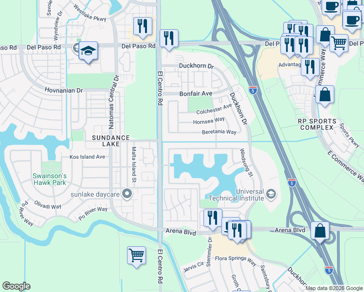 map of restaurants, bars, coffee shops, grocery stores, and more near 4500 Windsong Street in Sacramento
