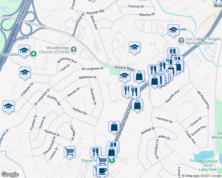 map of restaurants, bars, coffee shops, grocery stores, and more near 1820 Wigglesworth Way in Woodbridge