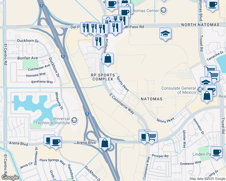 map of restaurants, bars, coffee shops, grocery stores, and more near 4200 East Commerce Way in Sacramento