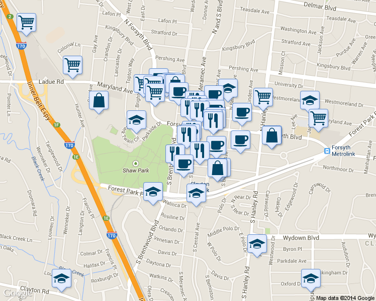 map of restaurants, bars, coffee shops, grocery stores, and more near 107 S Meramec Ave in St Louis