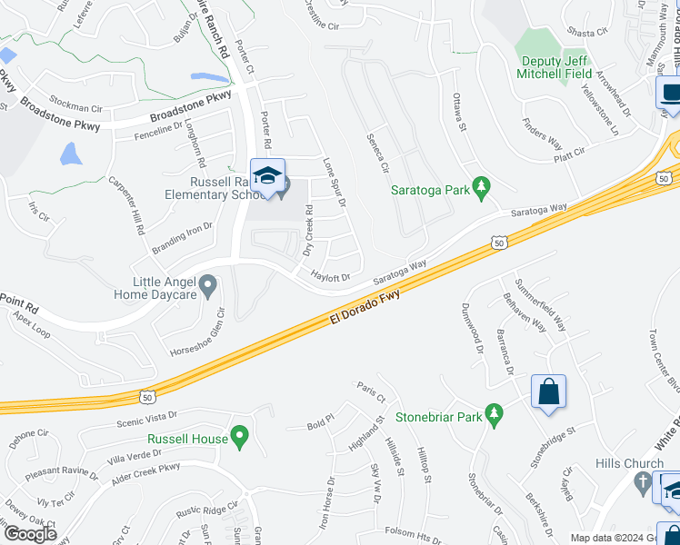 map of restaurants, bars, coffee shops, grocery stores, and more near 2258 Hayloft Drive in Folsom