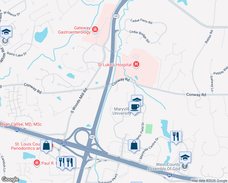 map of restaurants, bars, coffee shops, grocery stores, and more near 13664 Conway Road in St. Louis